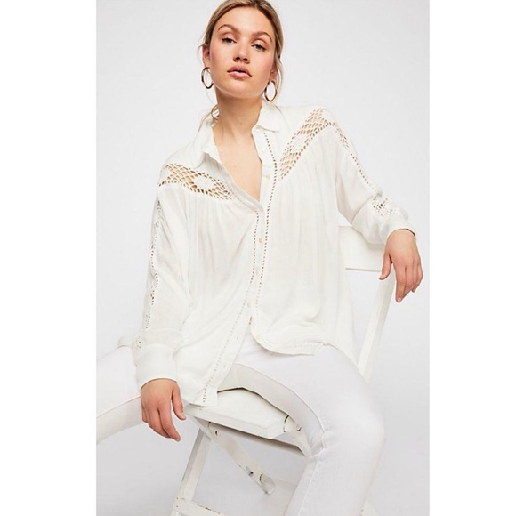 Free People Tops - Free people boho blouse White Button Down Shirt western embroidered crotchet M